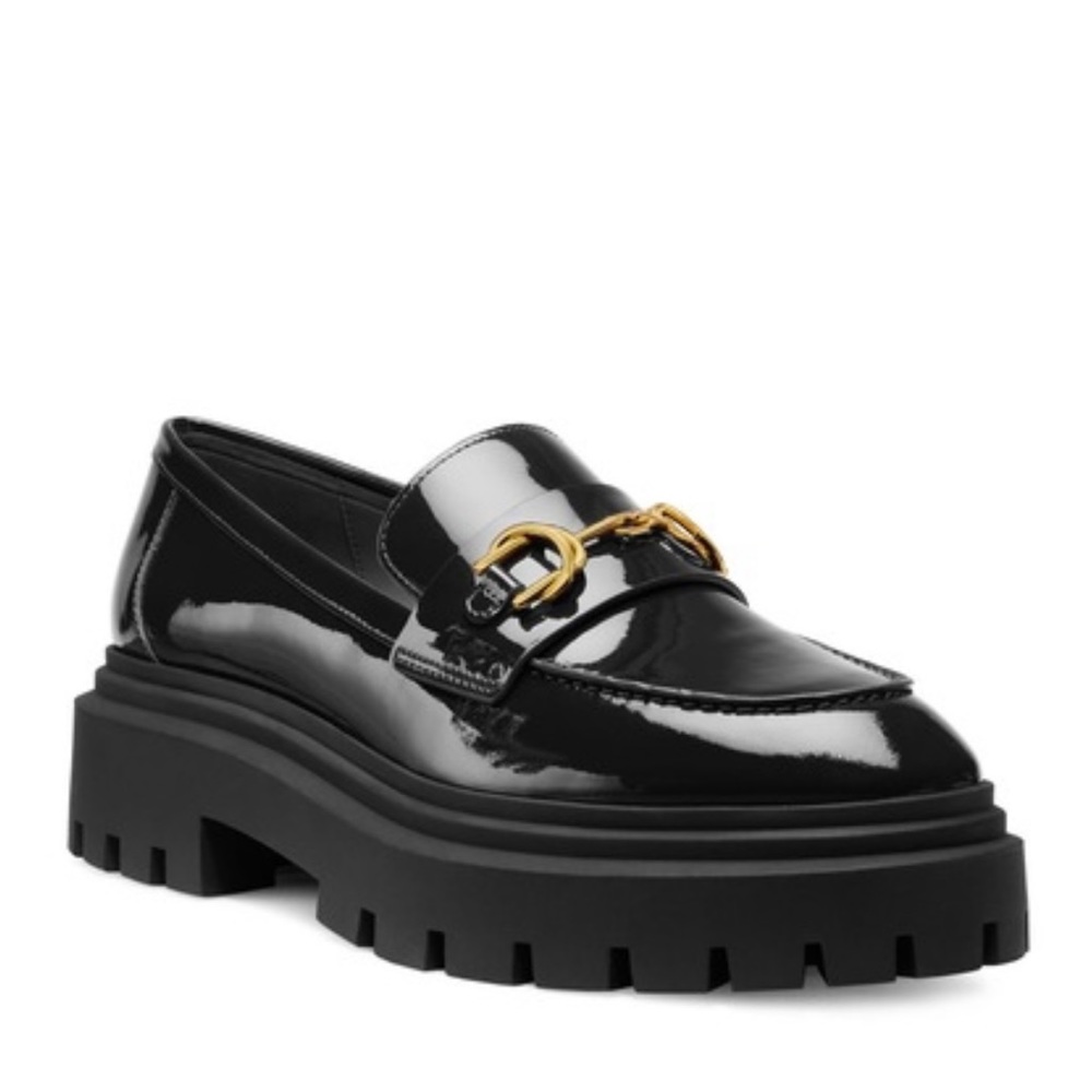 Black Patent Leather Loafers with Gold Detail